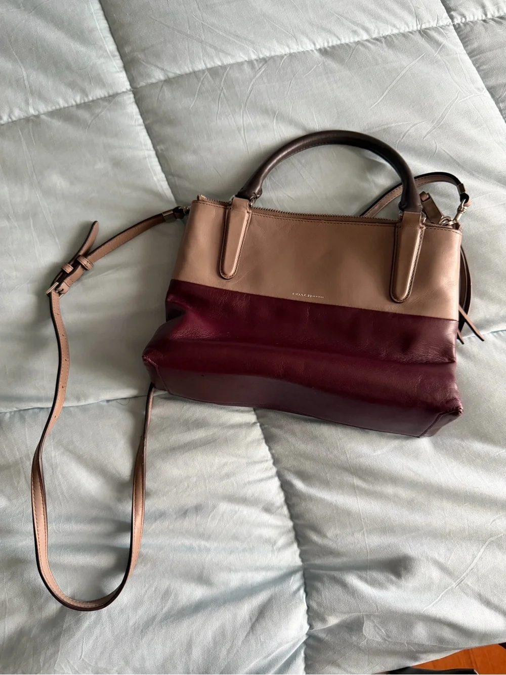 Coach Two-Tone Satchel in Burgundy and Nude Leather